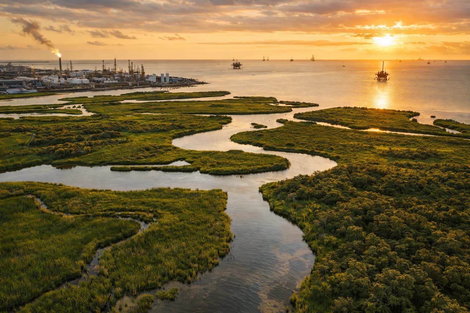 Aerial view of Gulf Coast wetlands and industrial facility at sunset
